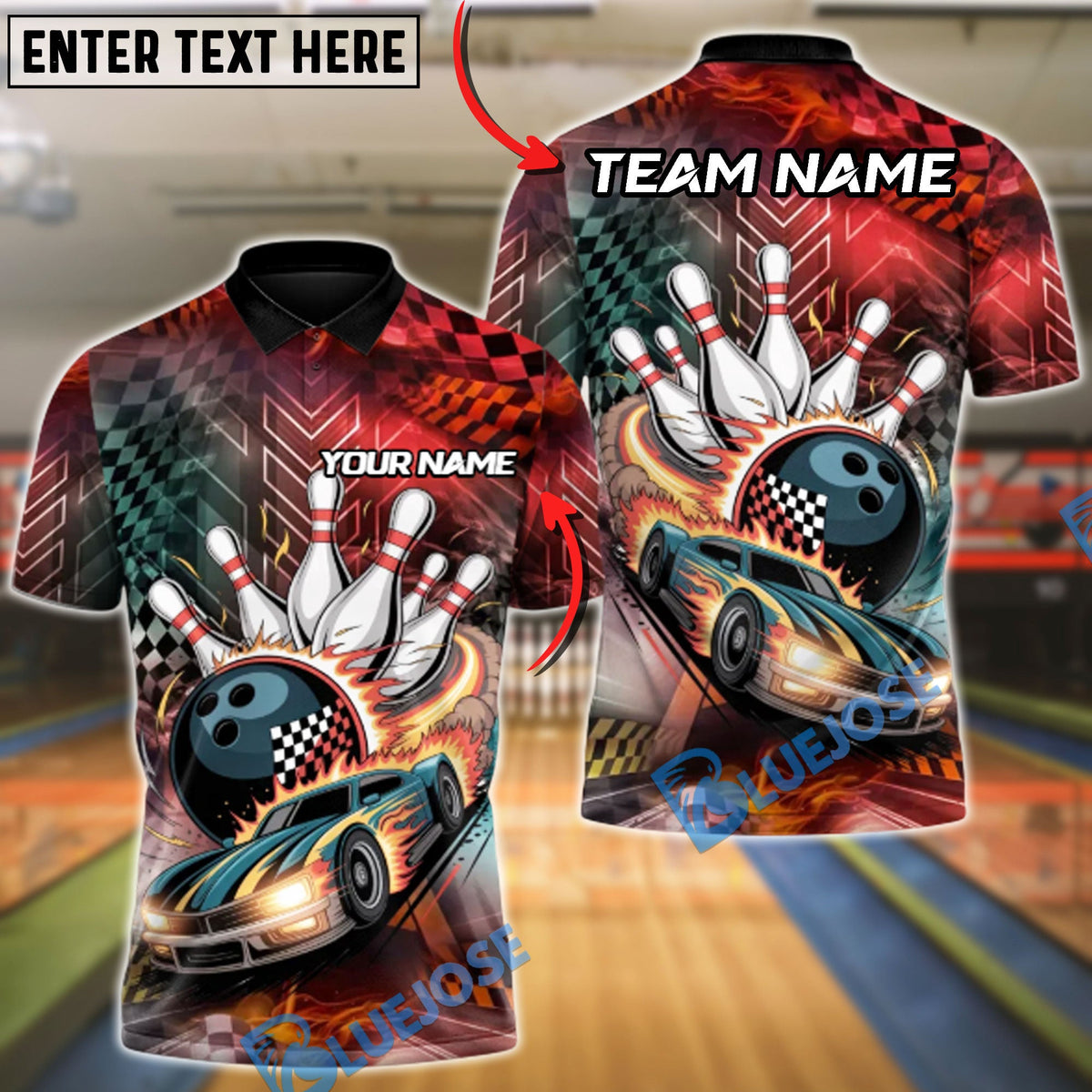 BlueJose Bowling &amp; Pins Full Throttle Frame Customized Name, Team Name 3D Shirt (4 Colors)