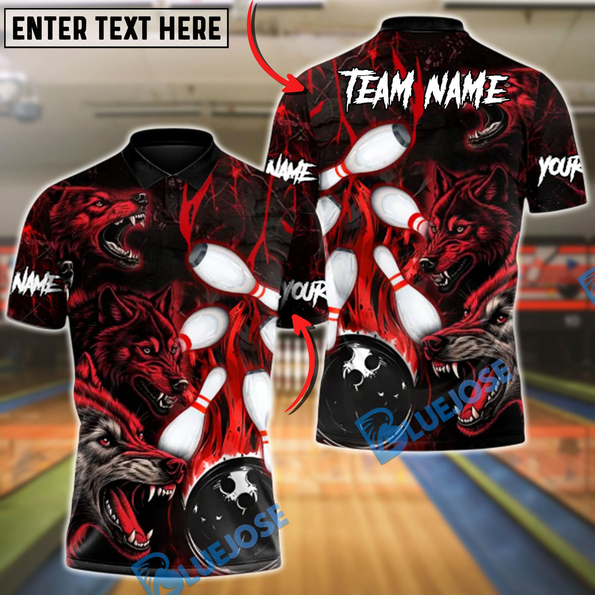 BlueJose Bowling &amp; Pins Wolf Crimson Howl: Strike Night Customized Name, Team Name 3D Shirt (4 Colors)