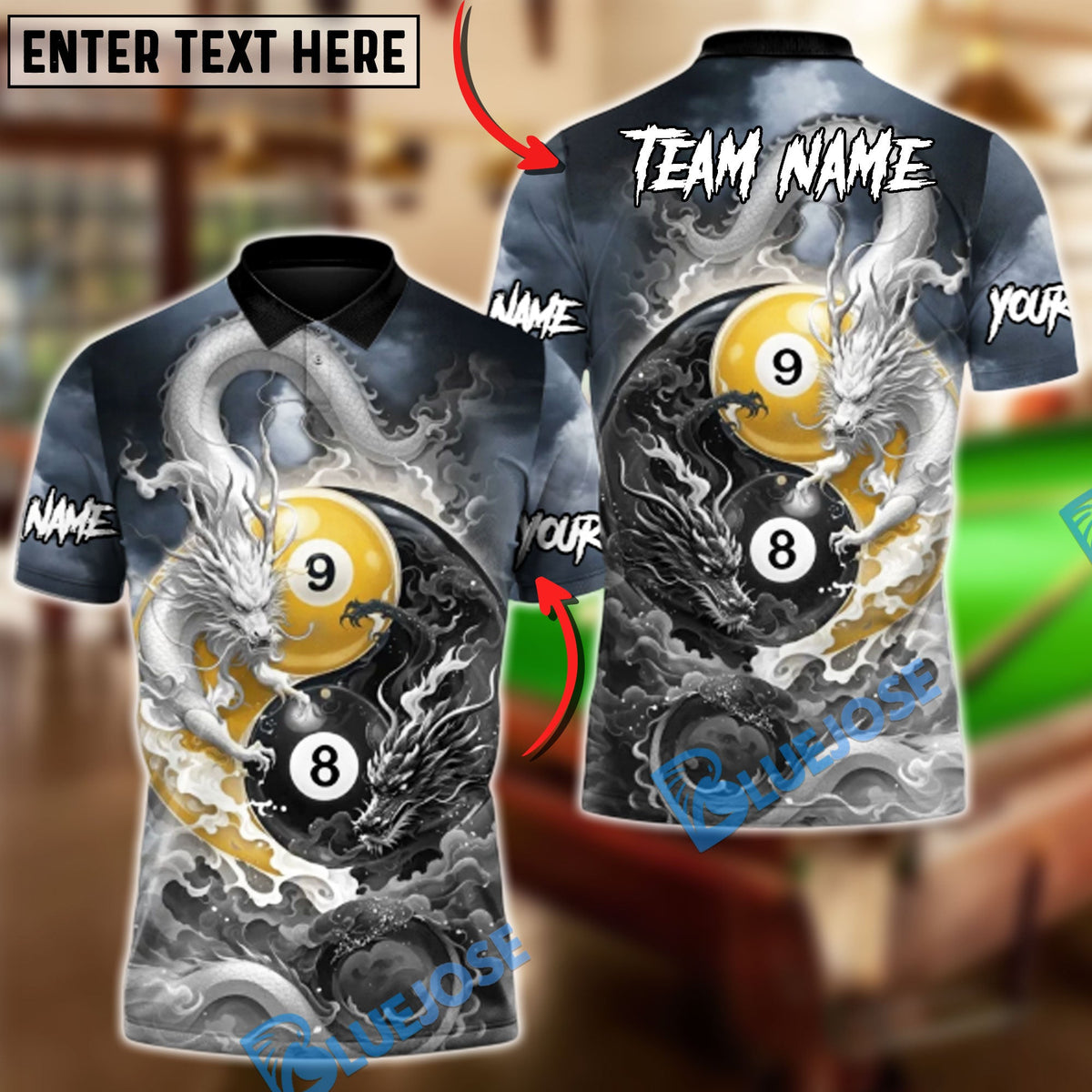 BlueJoses Billiards Ball 8 &amp; 9  Celestial Yin Dragon Customized Name, Team Name 3D Shirt