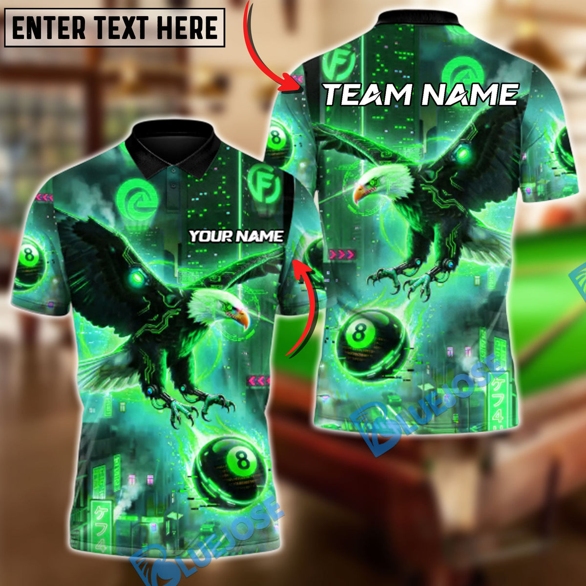 BlueJose Billiards Ball 8 Cyber Eagle Customized Name, Team Name 3D Shirt (4 Colors)