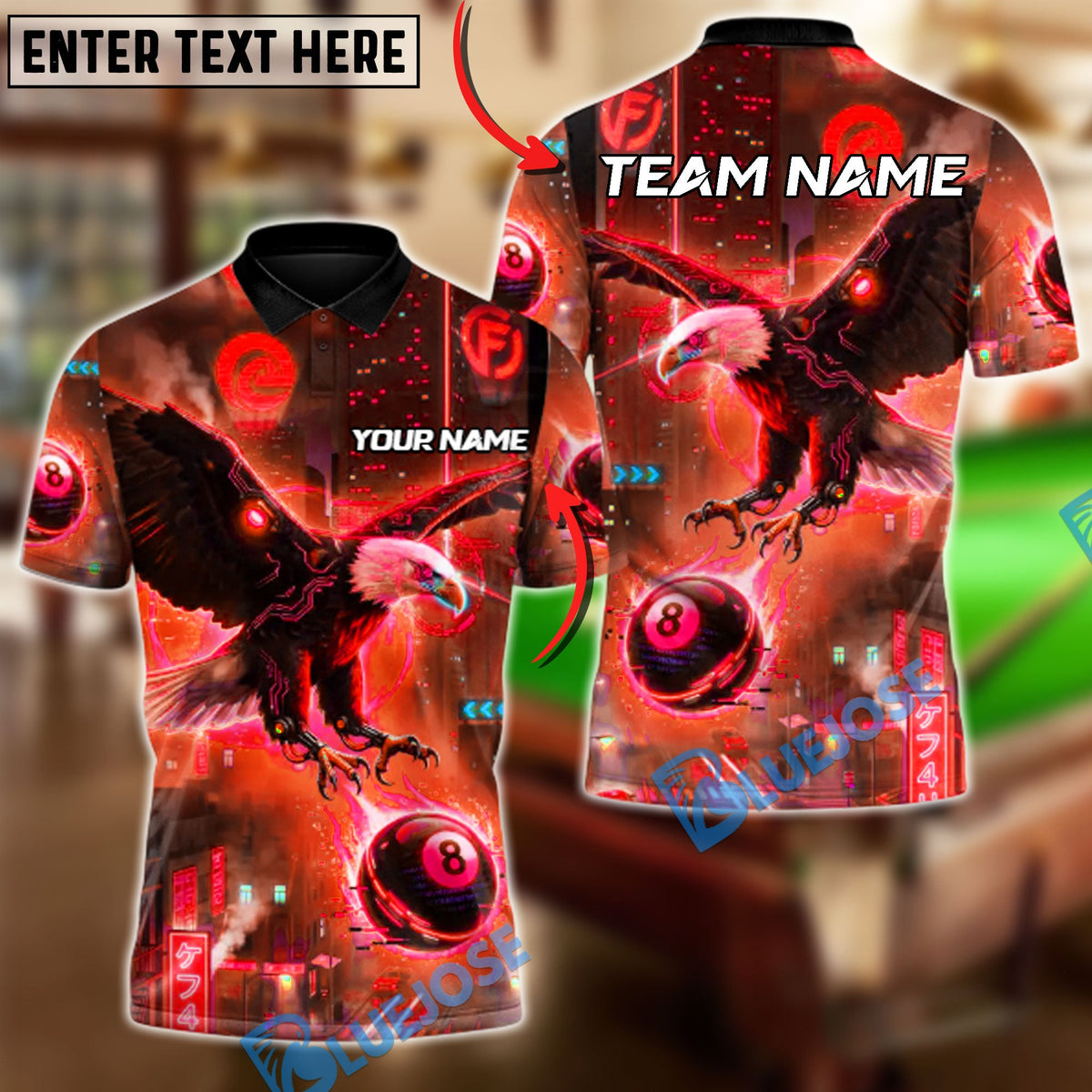 BlueJose Billiards Ball 8 Cyber Eagle Customized Name, Team Name 3D Shirt (4 Colors)