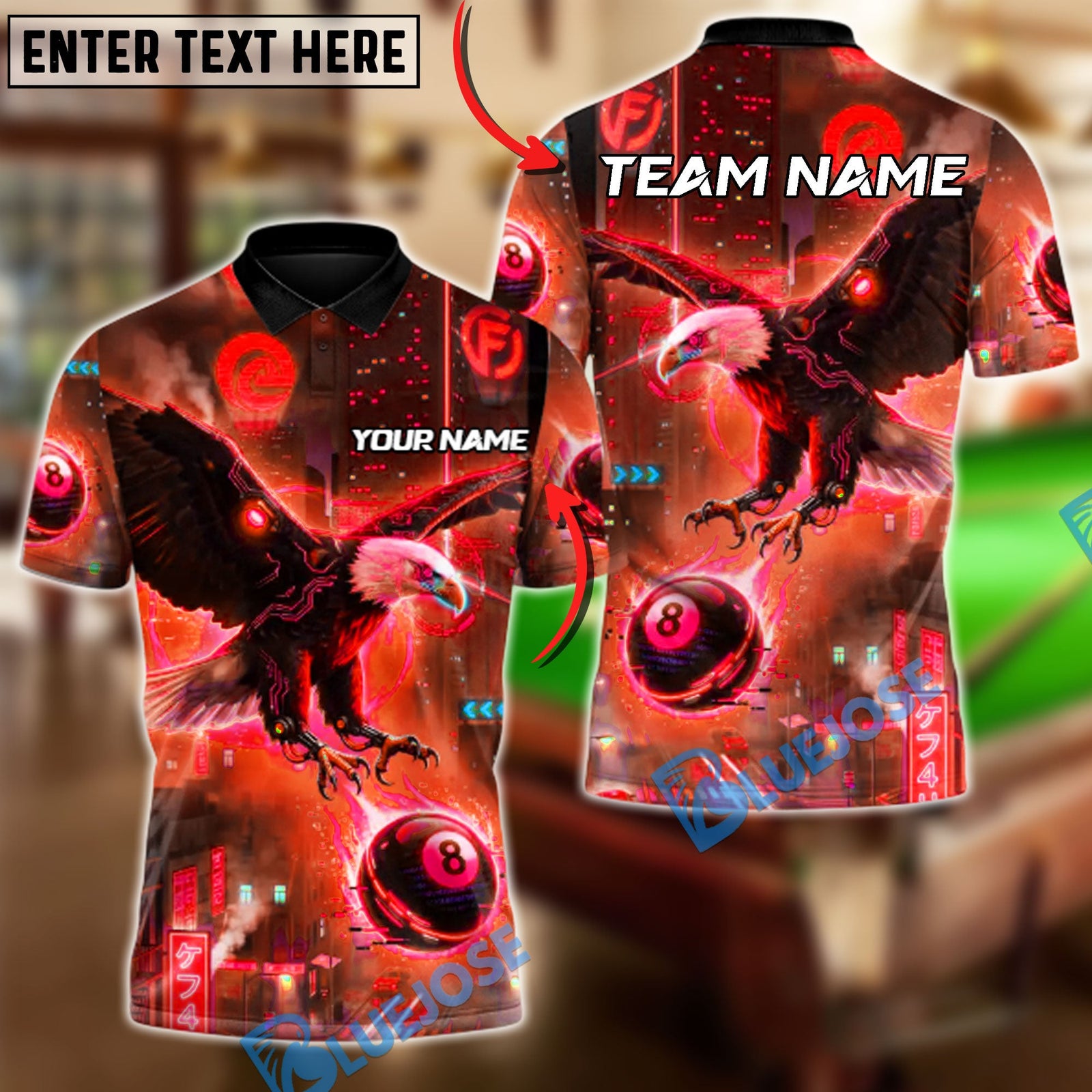 BlueJose Billiards Ball 8 Cyber Eagle Customized Name, Team Name 3D Shirt (4 Colors)