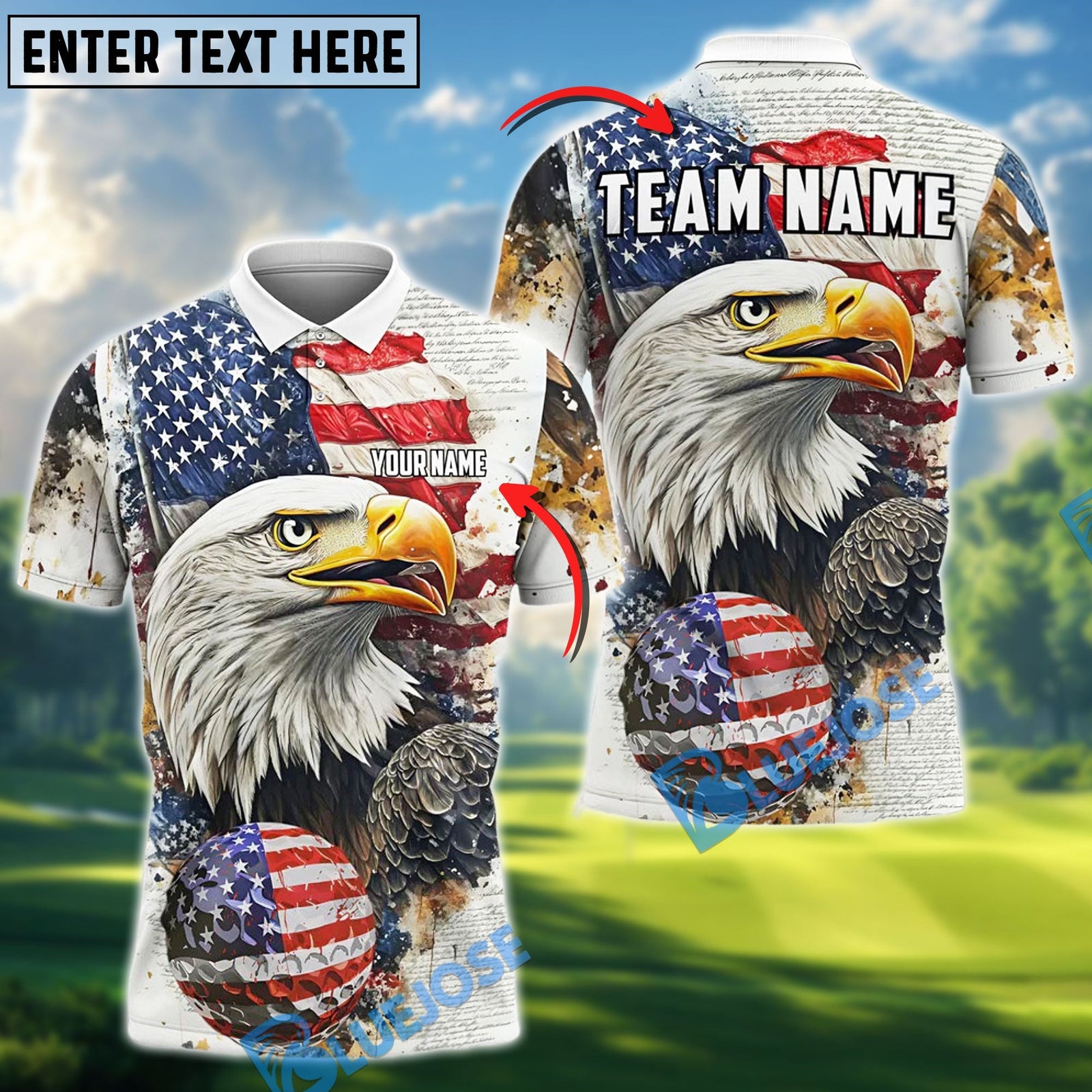 BlueJose Golf Proud Eagle Constitution Custom Name, Team Name 3D Shirts