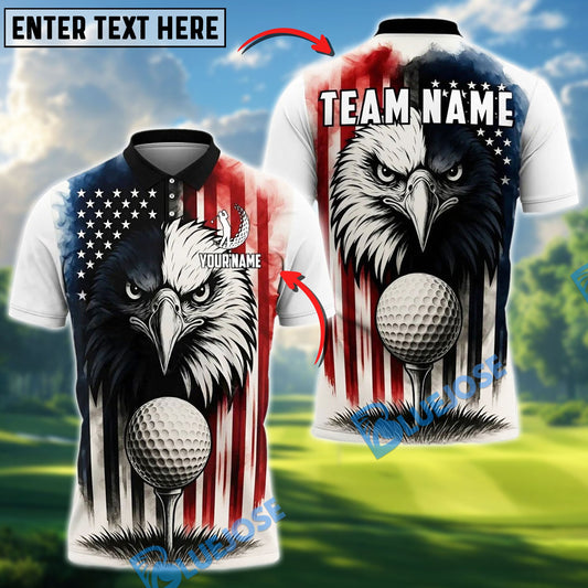 BlueJose Black White Golf Eagle US Flag Custom Name, Team Name 3D Shirts
