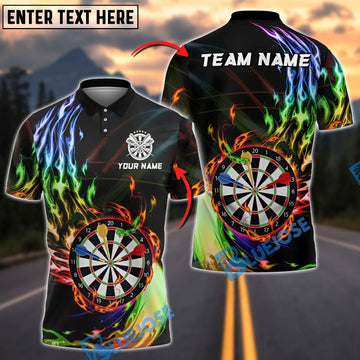 BlueJose Fire Darts Flame Rainbow Color Personalized Name, Team Name Shirt