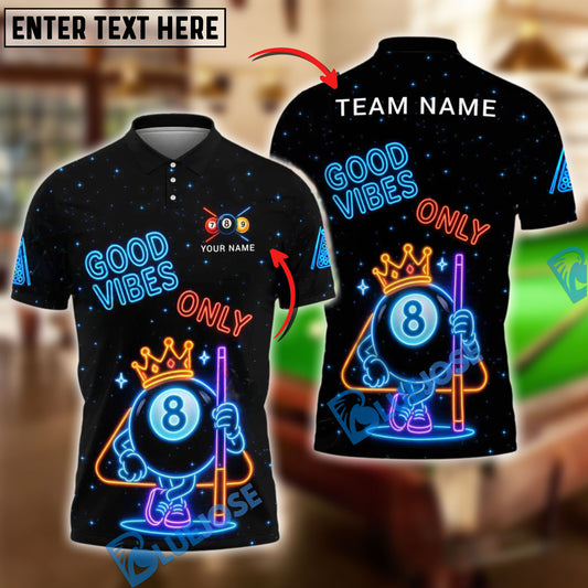 BlueJose Billiards 8-Ball Good Vibes Neon Crown Personalized Name Shirt (4 Colors)