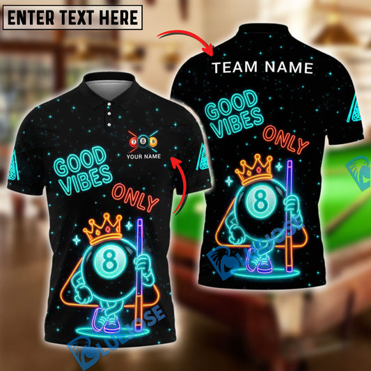 BlueJose Billiards 8-Ball Good Vibes Neon Crown Personalized Name Shirt (4 Colors)
