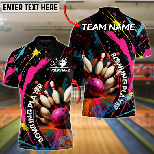 BlueJose Bowling Color Splash Strike Customized Name, Team Name 3D Shirt (4 Colors)