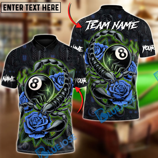 BlueJose Billiards 8-Ball Scorpion Rose Customized Name, Team Name 3D Shirt (4 Colors)