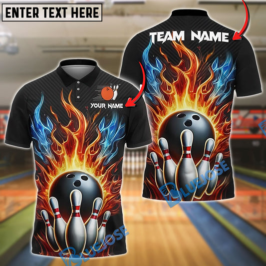 BlueJose Bowling Fireball Design Customized Name, Team Name 3D Shirt (4 Colors)