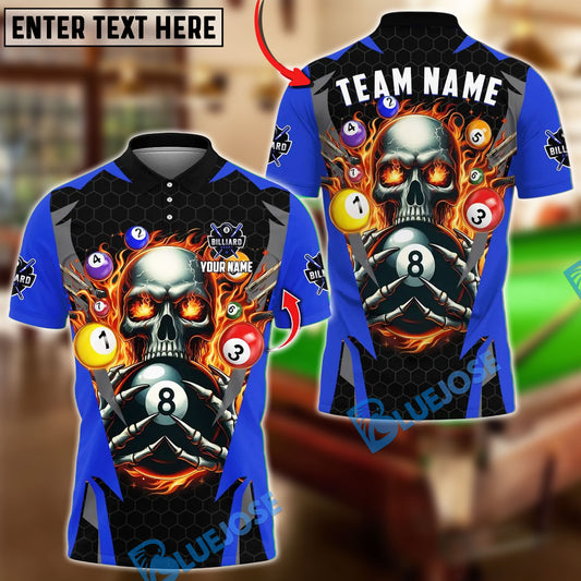 BlueJose Billiards Ball 8 Pool Skull Fire Thunder Design Personalized Name, Team Name Unisex Shirt (4 Colors)