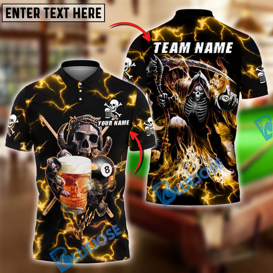 BlueJose Billiards 8-Ball Reaper Skull And Beer Personalized Name Shirt (4 Colors)