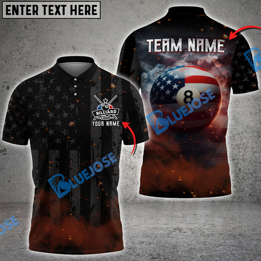 BlueJose Billiards 8 Ball Smoke American Flag Personalized Name, Team Name Shirt