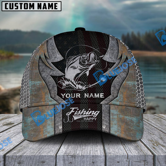 BlueJose Personalized Bass Fishing American Flag Rusty Metal Pattern Classic Cap