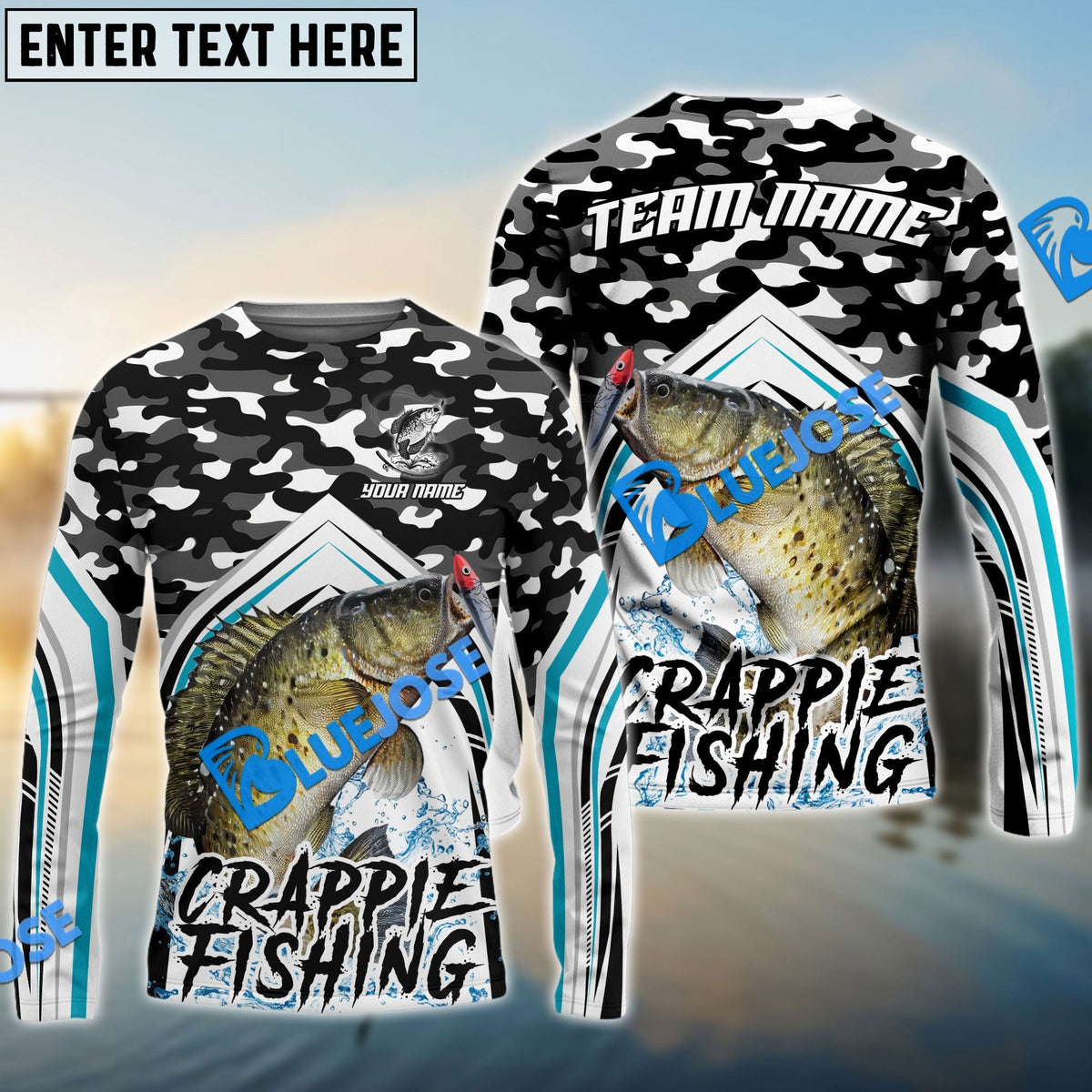 Bluejose Crappie Fishing Black Camo Sport Custom Name &amp; Team Name 3D Shirts