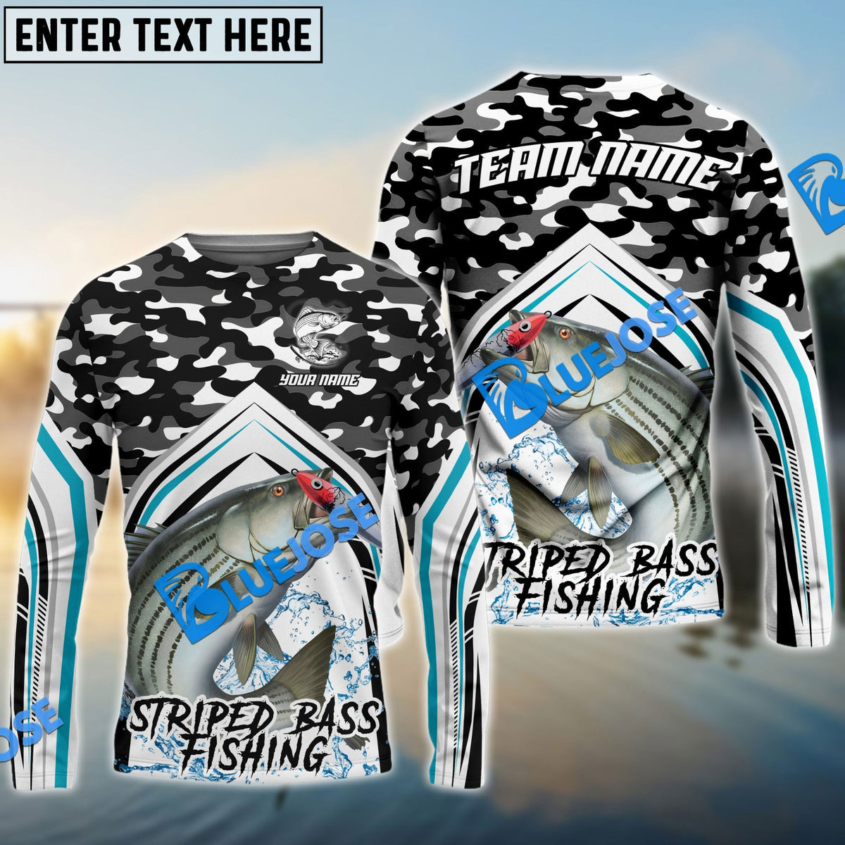 Bluejose Striped Bass Fishing Black Camo Sport Custom Name &amp; Team Name 3D Shirts