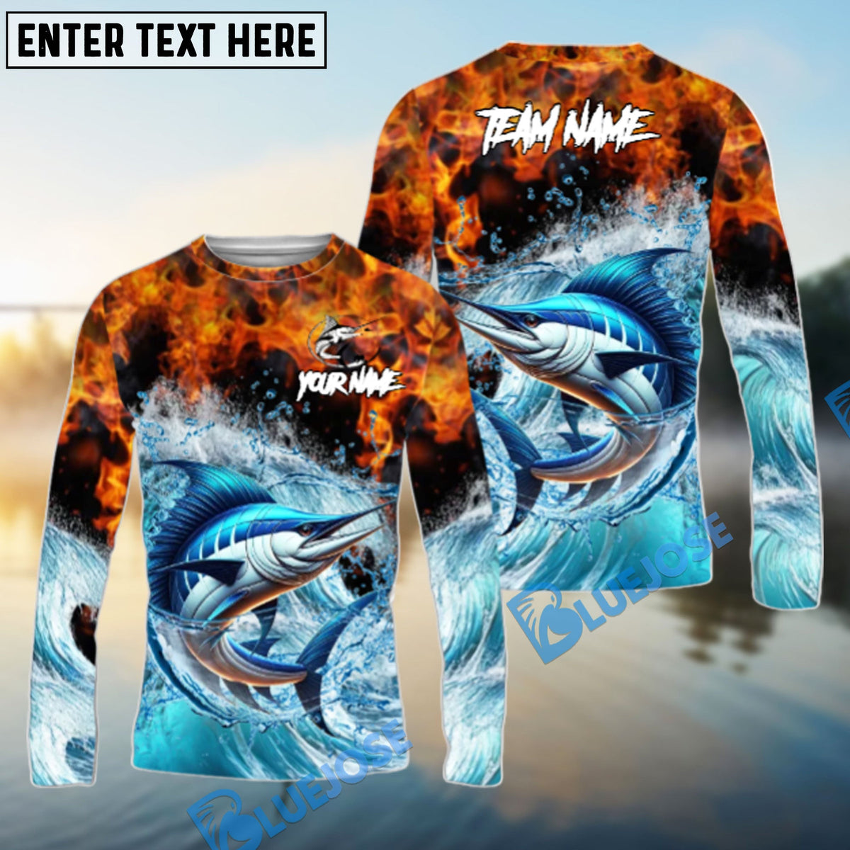 Bluejose Marlin Fishing Sea Fire Design Name &amp; Team Name 3D Shirts