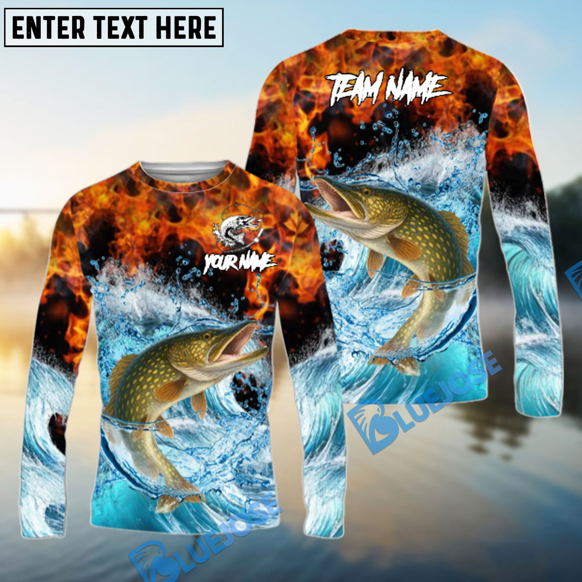 Bluejose Pike Fishing Sea Fire Design Name &amp; Team Name 3D Shirts