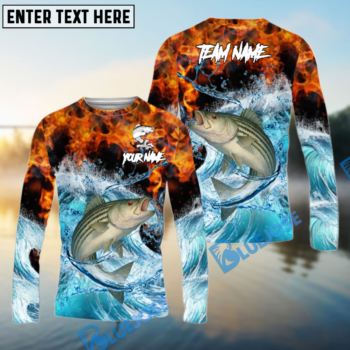 Bluejose Striped Bass Fishing Sea Fire Design Name &amp; Team Name 3D Shirts