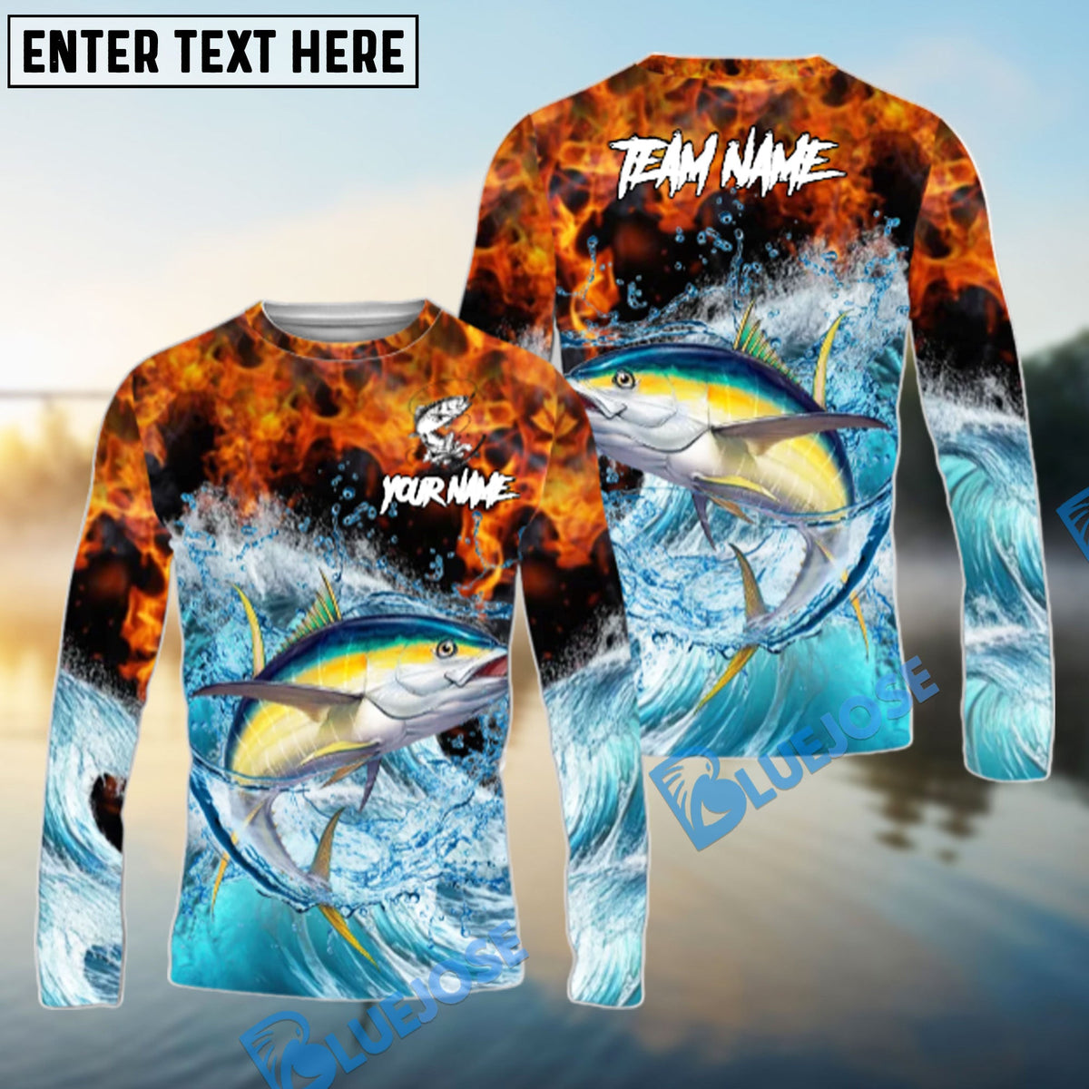Bluejose Tuna Fishing Sea Fire Design Name &amp; Team Name 3D Shirts