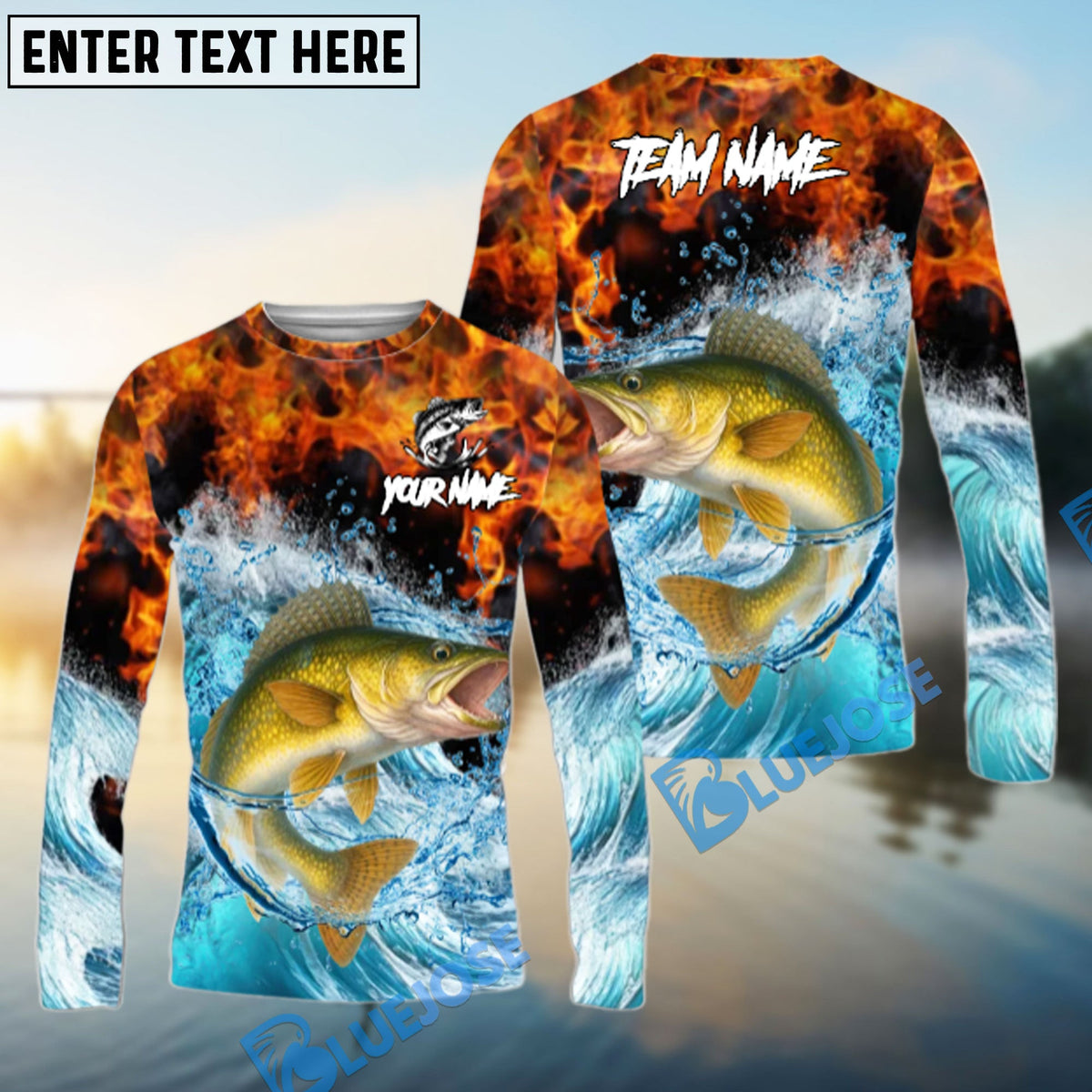Bluejose Walleye Fishing Sea Fire Design Name &amp; Team Name 3D Shirts