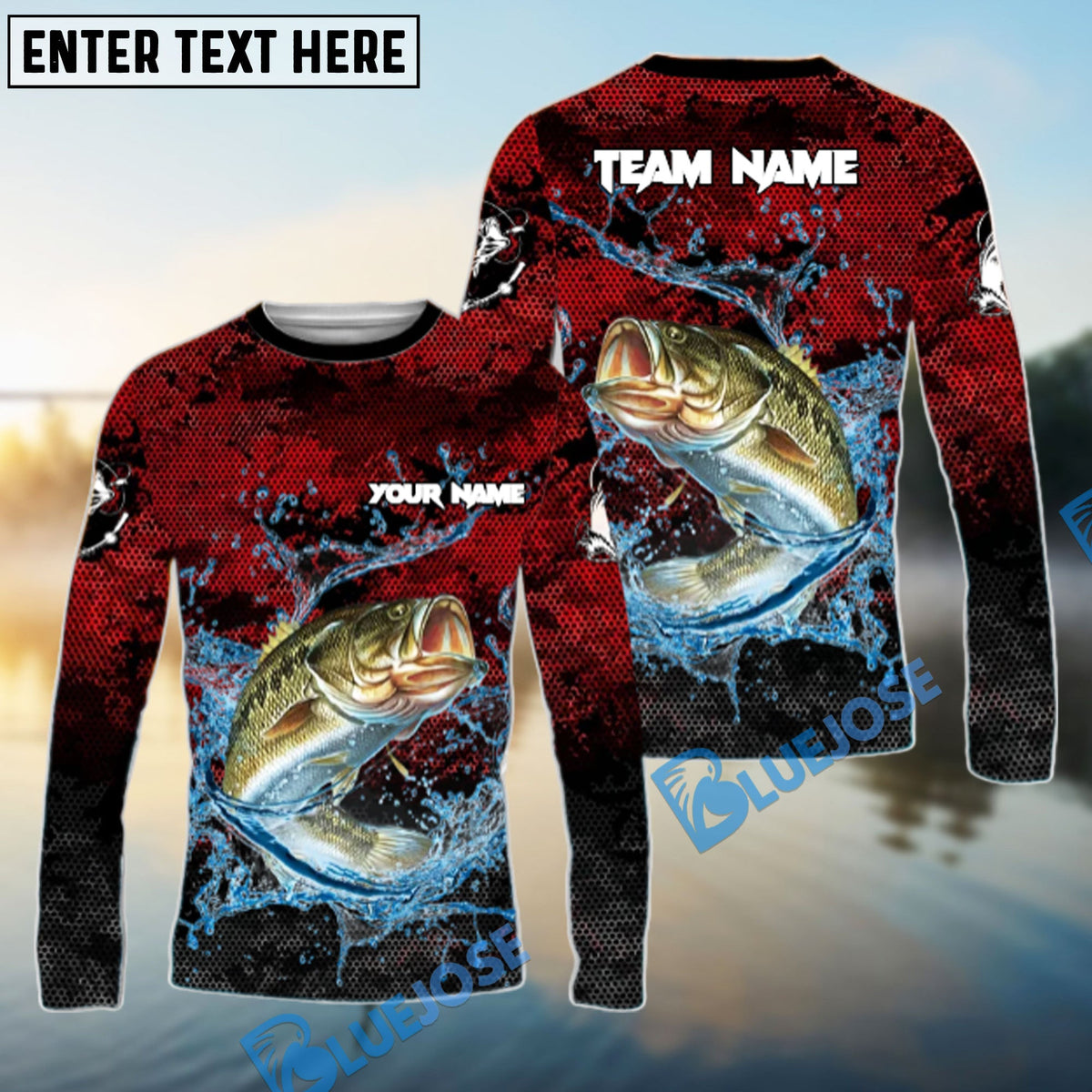 Bluejose Bass Fishing Red Grunge Camo Design Name &amp; Team Name 3D Shirts
