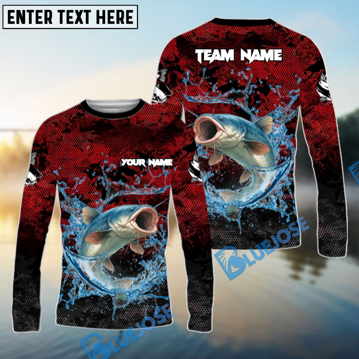 Bluejose Catfish Fishing Red Grunge Camo Design Name &amp; Team Name 3D Shirts