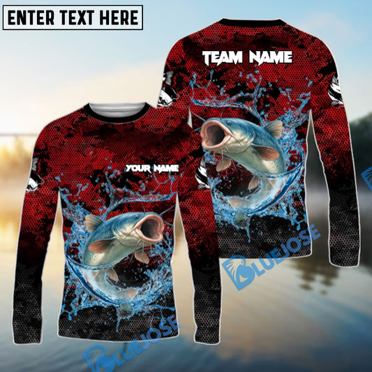 Bluejose Catfish Fishing Red Grunge Camo Design Name & Team Name 3D Shirts