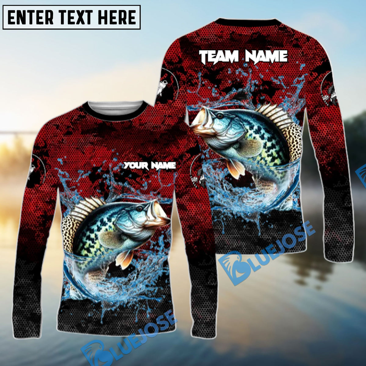 Bluejose Crappie Fishing Red Grunge Camo Design Name &amp; Team Name 3D Shirts