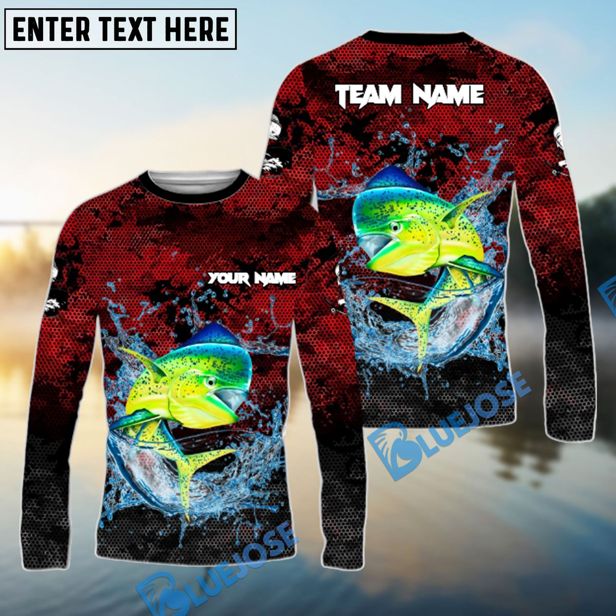 Bluejose Mahi Mahi Fishing Red Grunge Camo Design Name &amp; Team Name 3D Shirts