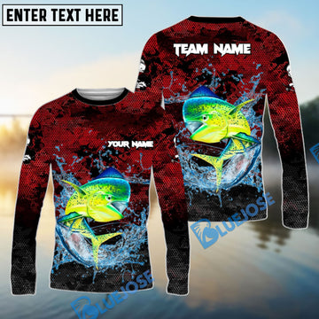 Bluejose Mahi Mahi Fishing Red Grunge Camo Design Name & Team Name 3D Shirts