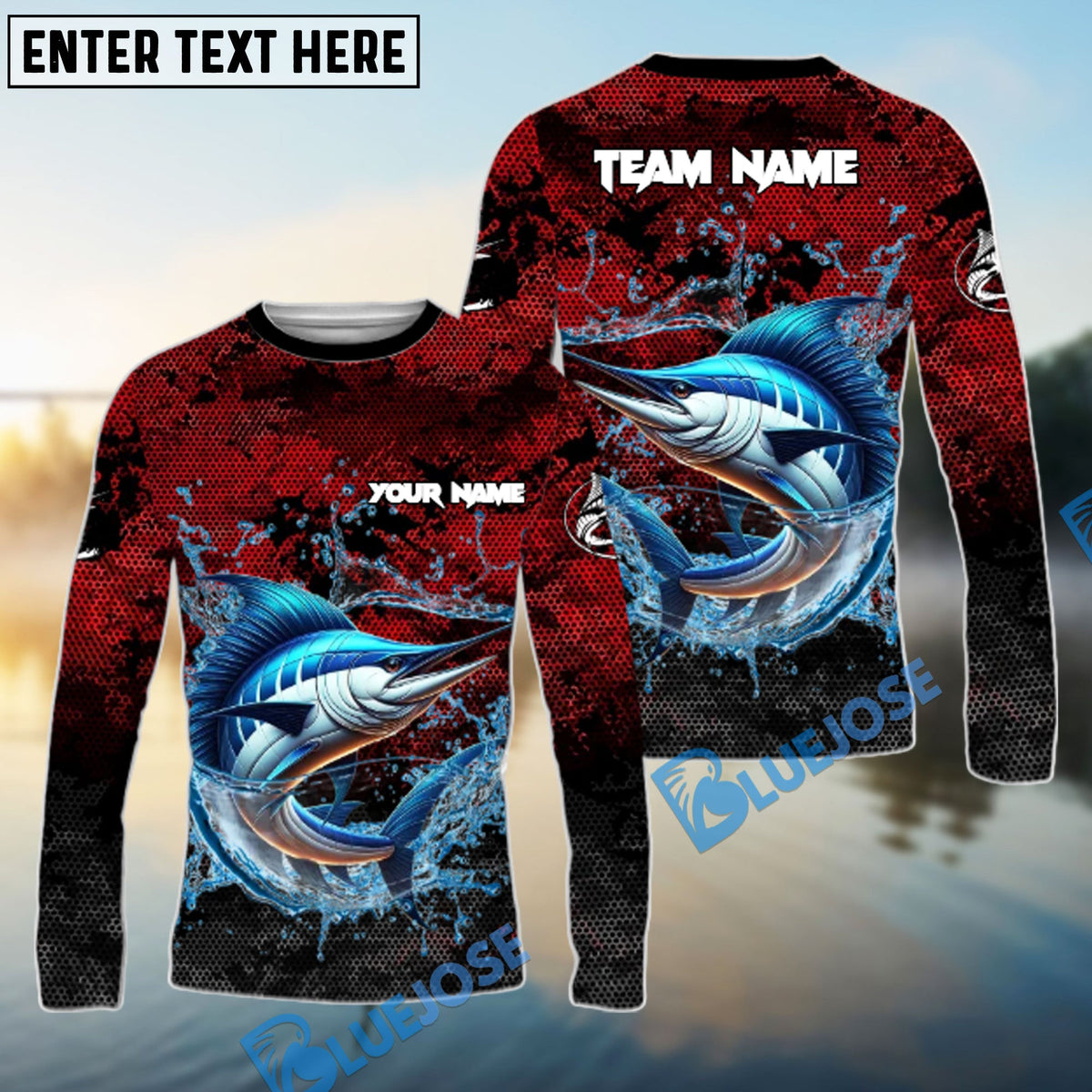 Bluejose Marlin Fishing Red Grunge Camo Design Name &amp; Team Name 3D Shirts