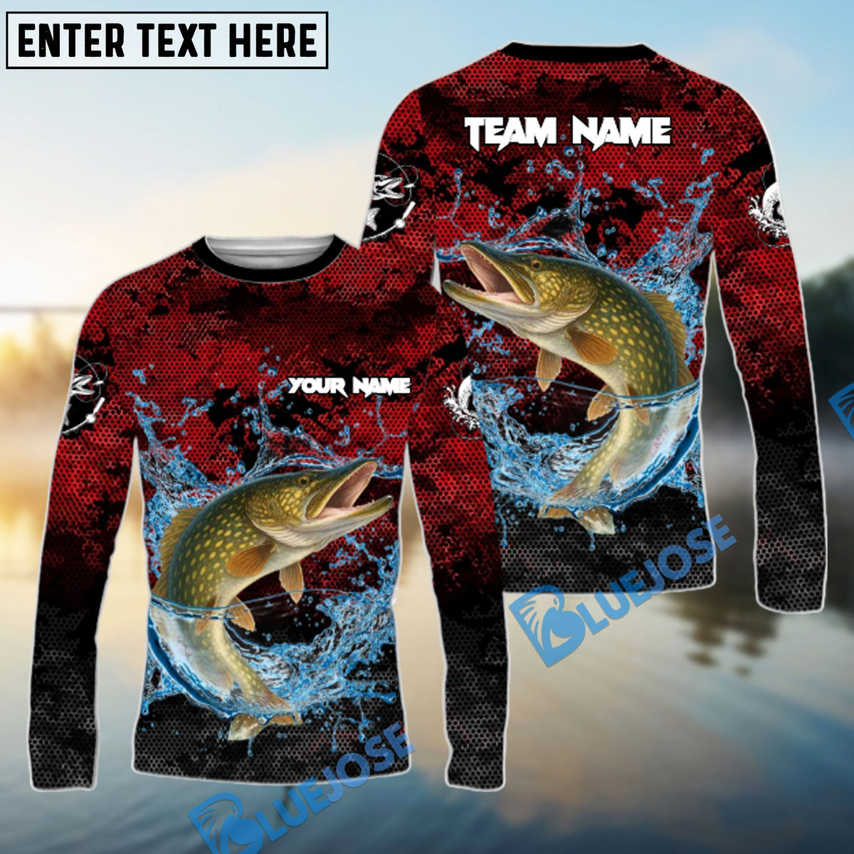 Bluejose Pike Fishing Red Grunge Camo Design Name &amp; Team Name 3D Shirts