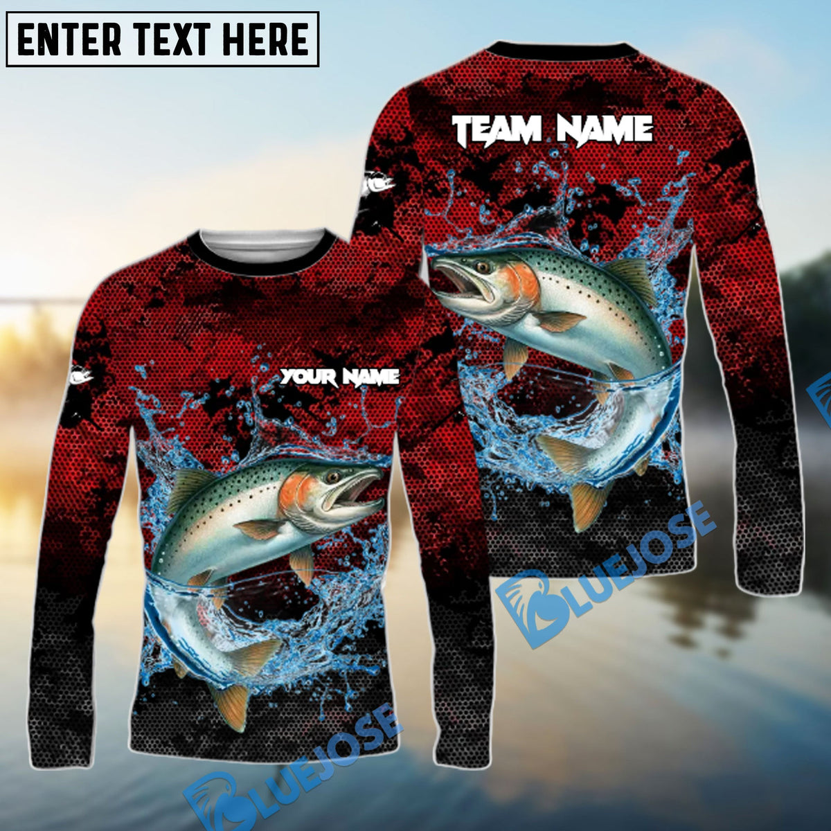 Bluejose Salmon Fishing Red Grunge Camo Design Name &amp; Team Name 3D Shirts