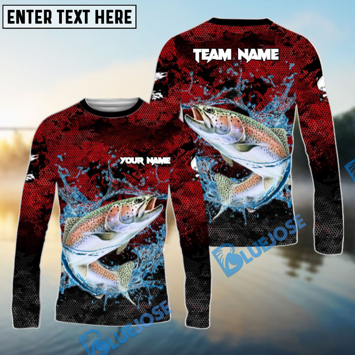 Bluejose Trout Fishing Red Grunge Camo Design Name &amp; Team Name 3D Shirts