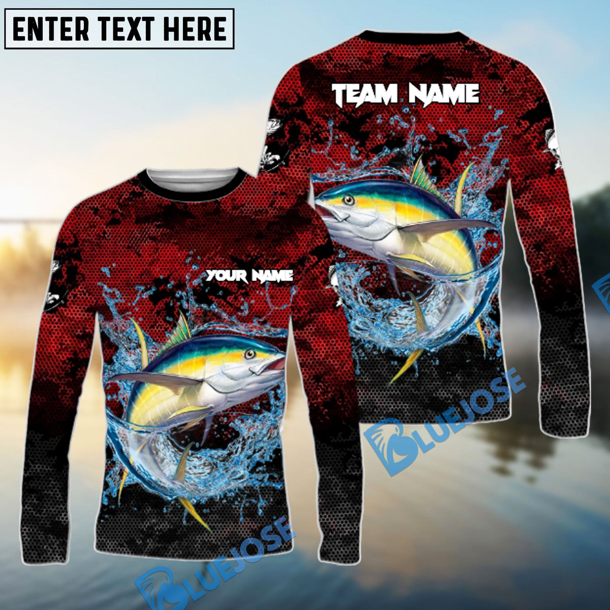 Bluejose Tuna Fishing Red Grunge Camo Design Name &amp; Team Name 3D Shirts