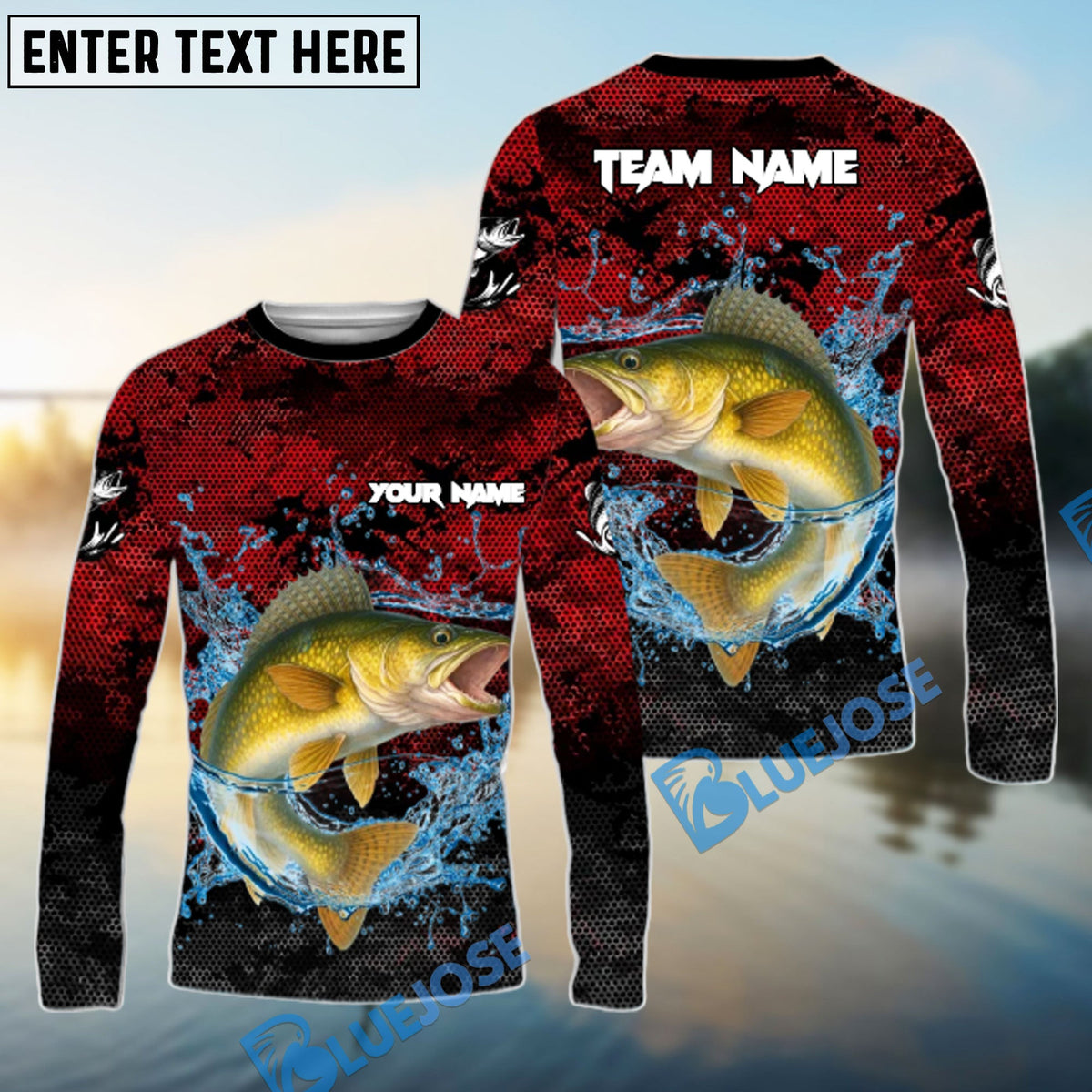 Bluejose Walleye Fishing Red Grunge Camo Design Name &amp; Team Name 3D Shirts