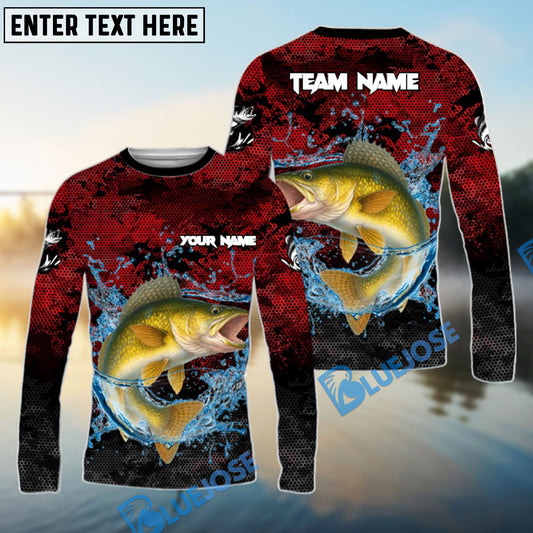 Bluejose Walleye Fishing Red Grunge Camo Design Name & Team Name 3D Shirts