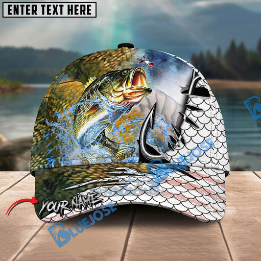 BlueJose Fishing Hook White Fish Scale American Flag Personalized Name Classic 3D Cap Personalized Cap (13 Breeds)