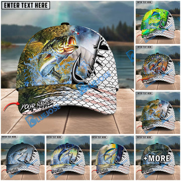 BlueJose Fishing Hook White Fish Scale American Flag Personalized Name Classic 3D Cap Personalized Cap (13 Breeds)