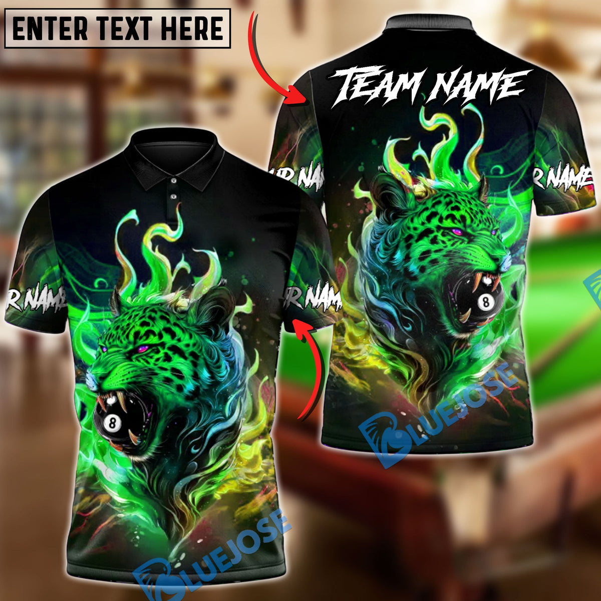 BlueJose Billiards Badass Neon Jaguar Biting 8-Ball Personalized Name Shirt (4 Colors)
