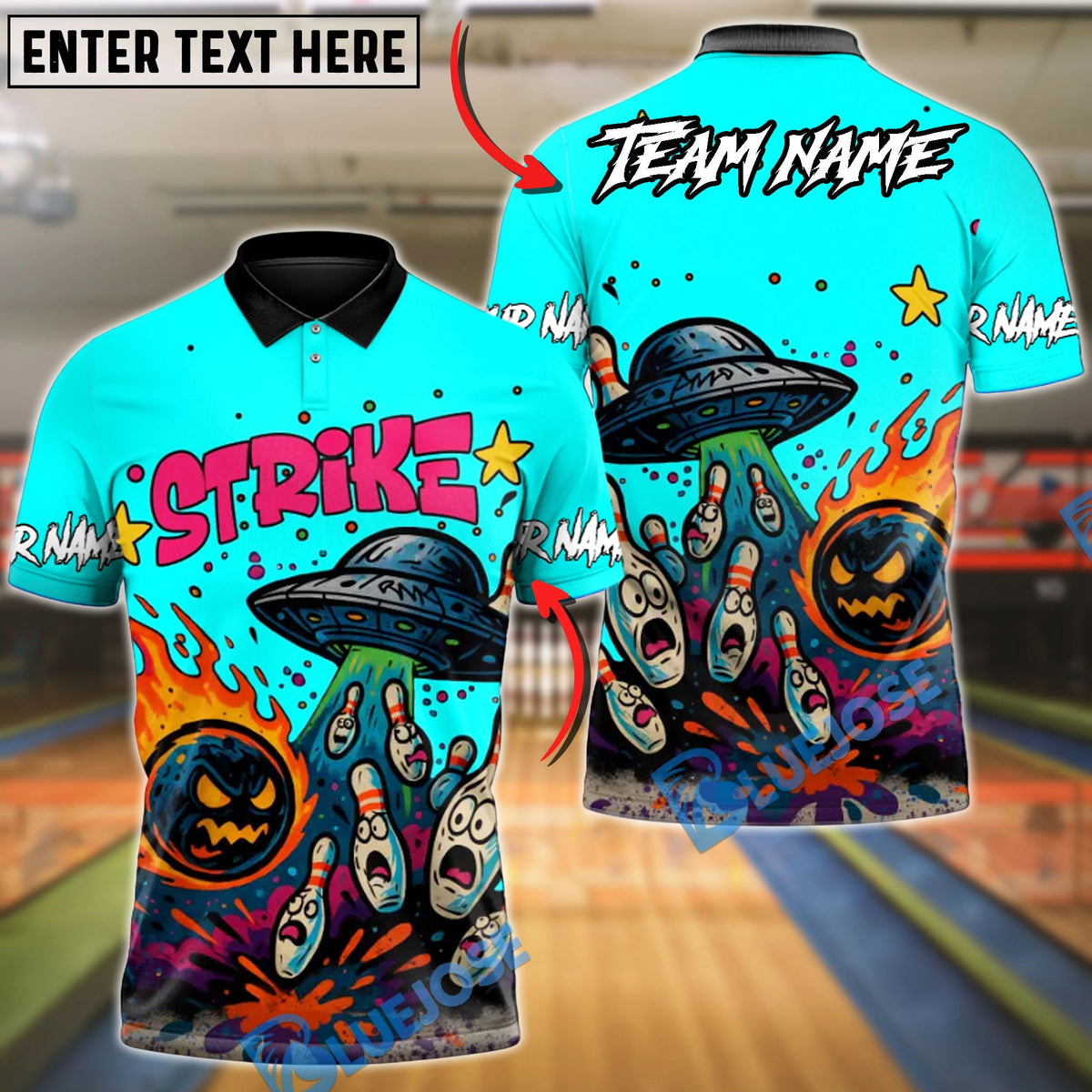 BlueJose Bowling And Pins Alien UFO Abducting Customized Name, Team Name 3D Shirt (4 Colors)
