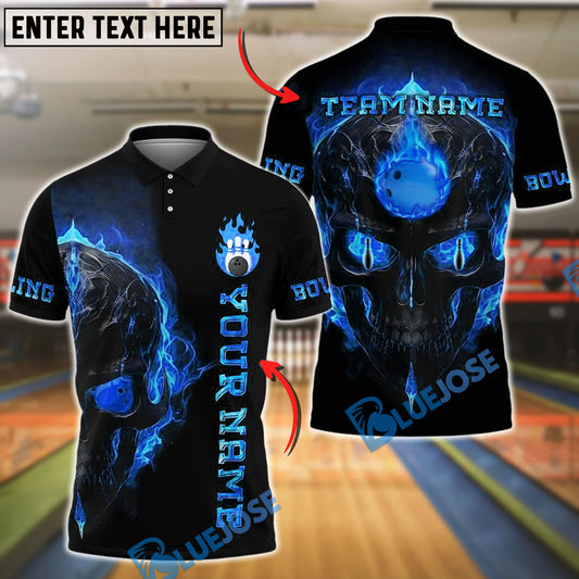 BlueJose Bowling And Pins Flame Skull Light Pattern Customized Name, Team Name 3D Shirt (4 Colors)
