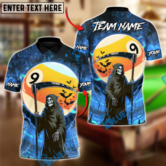 BlueJose Billiards Ball 9 Skull Reaper Moon Personalized Name, Team Name Unisex Shirt (4 Colors)