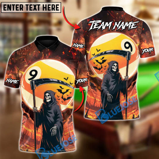 BlueJose Billiards Ball 9 Skull Reaper Moon Personalized Name, Team Name Unisex Shirt (4 Colors)