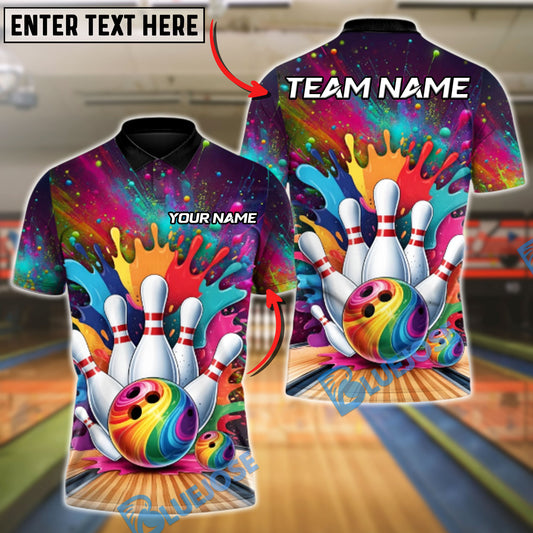 BlueJose Bowling And Pins Color Splash Personalized Name, Team Name Shirt