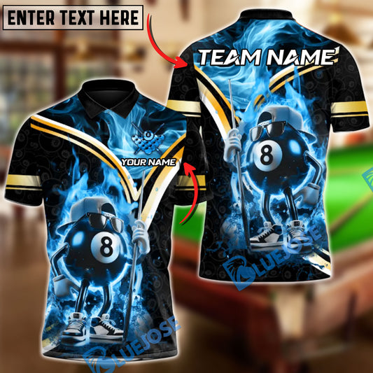 BlueJose Billiards Ball 8 Flaming Cool Personalized Name, Team Name Unisex Shirt (4 Colors)