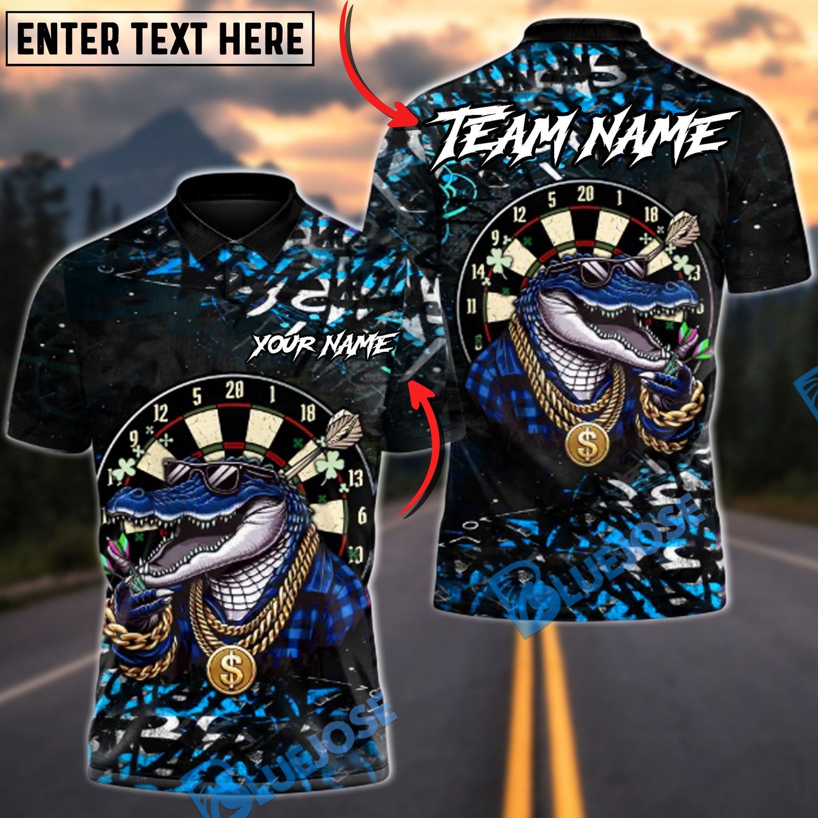 BlueJose Darts King Crocodile Multicolor Options Personalized Name Shirt (6 Colors)