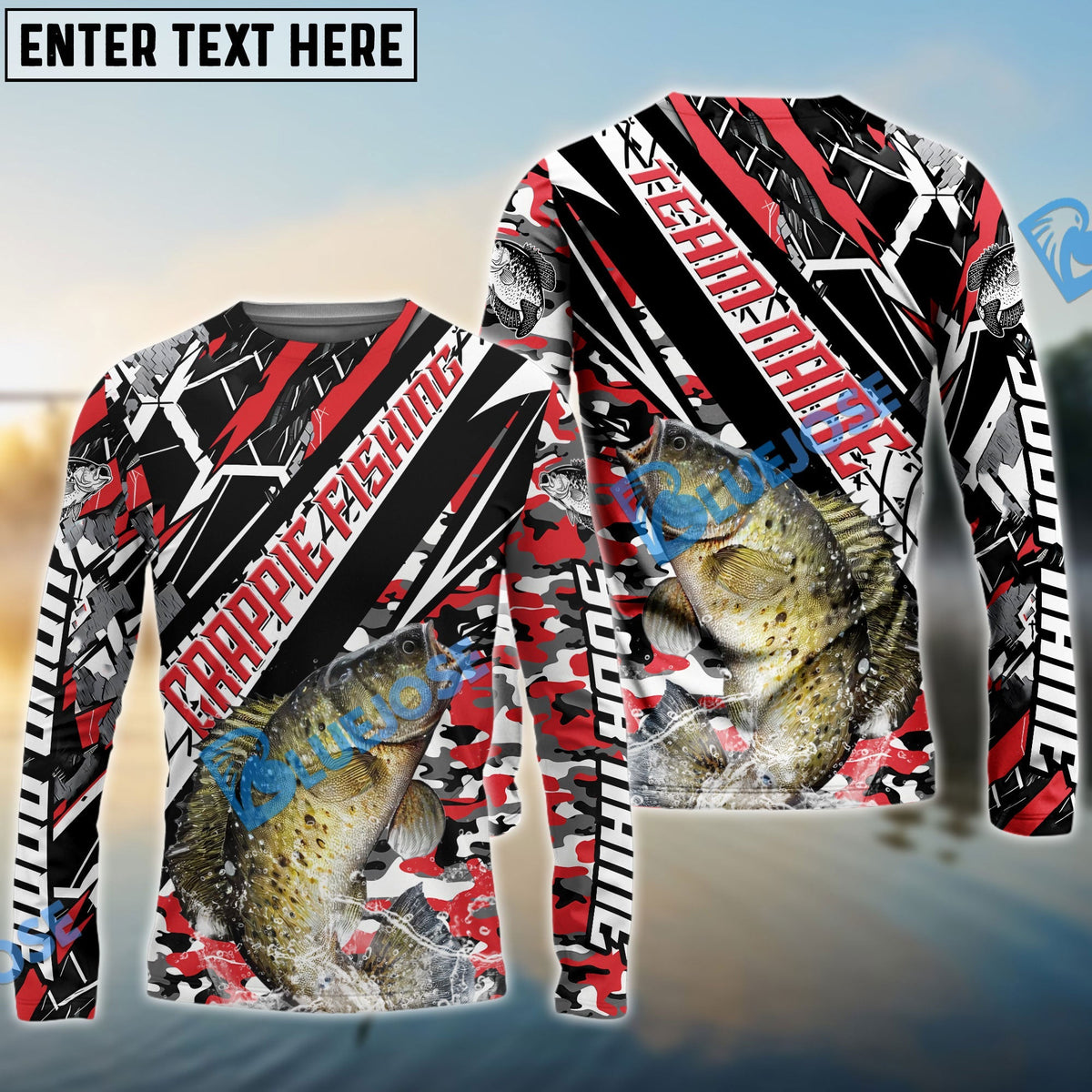Bluejose Crappie Fishing Red Grunge Camo Custom Name &amp; Team Name 3D Shirts