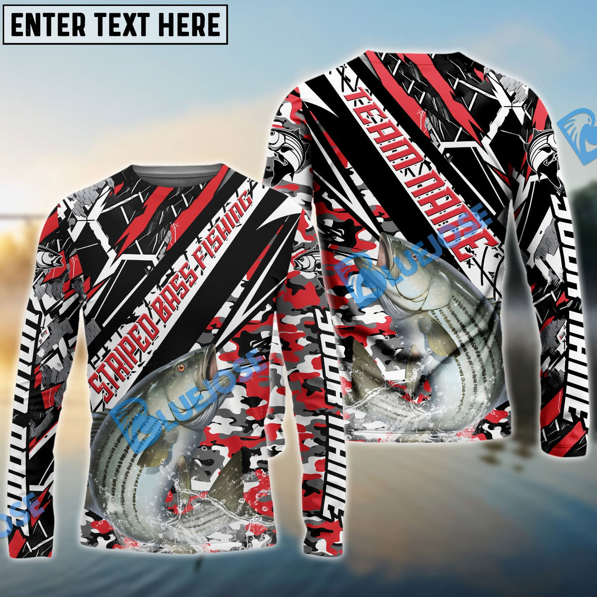 Bluejose Striped Bass Fishing Red Grunge Camo Custom Name &amp; Team Name 3D Shirts